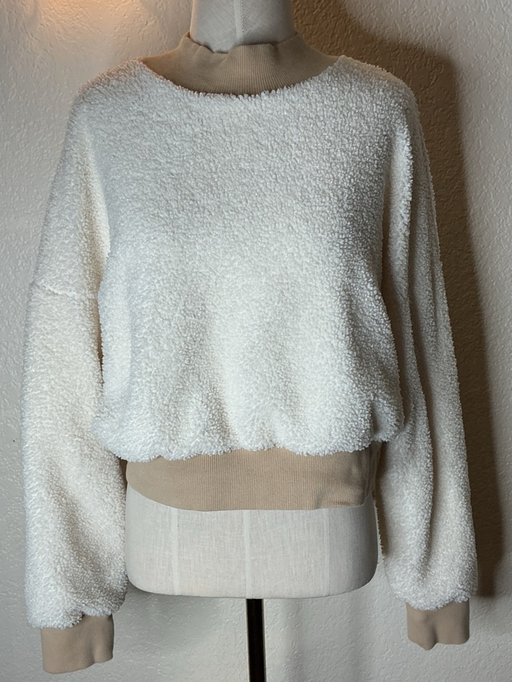 Fabletics Cozy White Sherpa Pullover Sweater with Contrast Rib